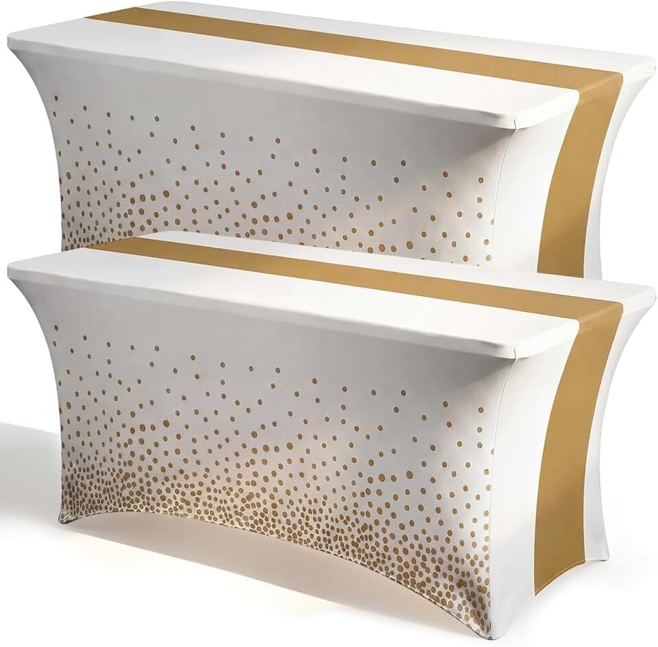 Moukeren 2 Pcs 6ft Spandex Table Cover, White Gold, Gold Dot