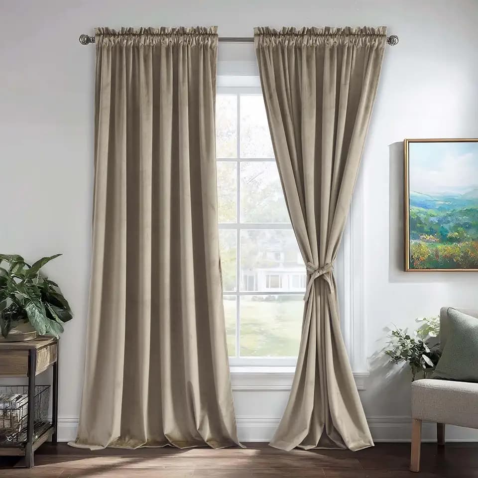 JIUZHEN Velvet Blackout Curtains for Living Room - 84 inches Thermal Insulated Room Darkening Rod Pocket Drapes for Office/Party/Nursery, Set of 2 Panels with Tiebacks, 42W x 84L, Taupe