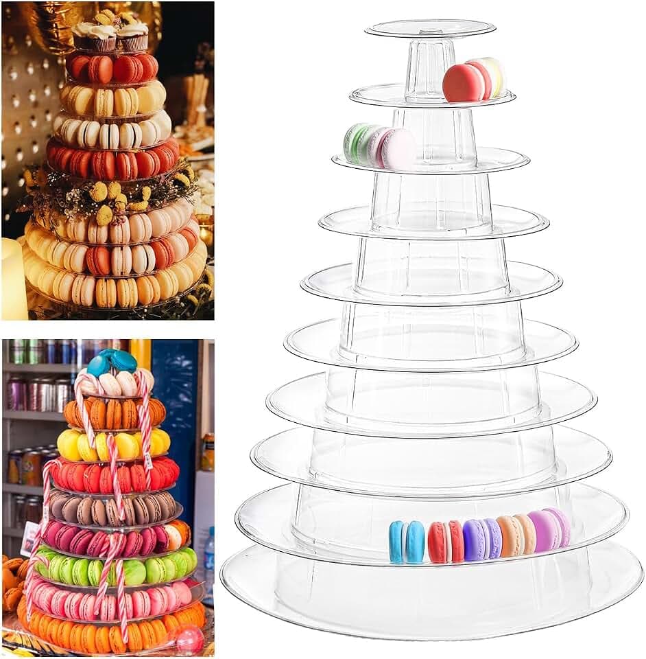 Nicunom 10 Tiers Round Macaron Tower Stand, Plastic Macaron Display Rack Clear Macaron Display Holder Cake Stand Desserts Display for Wedding Birthday Baby Shower Party Decor