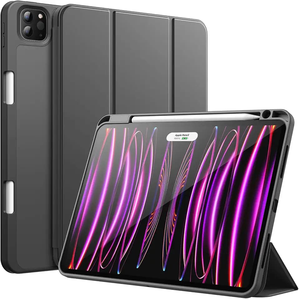 JETech Hülle für iPad Pro 11" 4/3/2 (2022/2021/2020), Space Grau | Weiches TPU, Pencil Holder, Dreifach-Ständer, Auto Schlafen/Wachen, Stoßfestes Leichtdesign