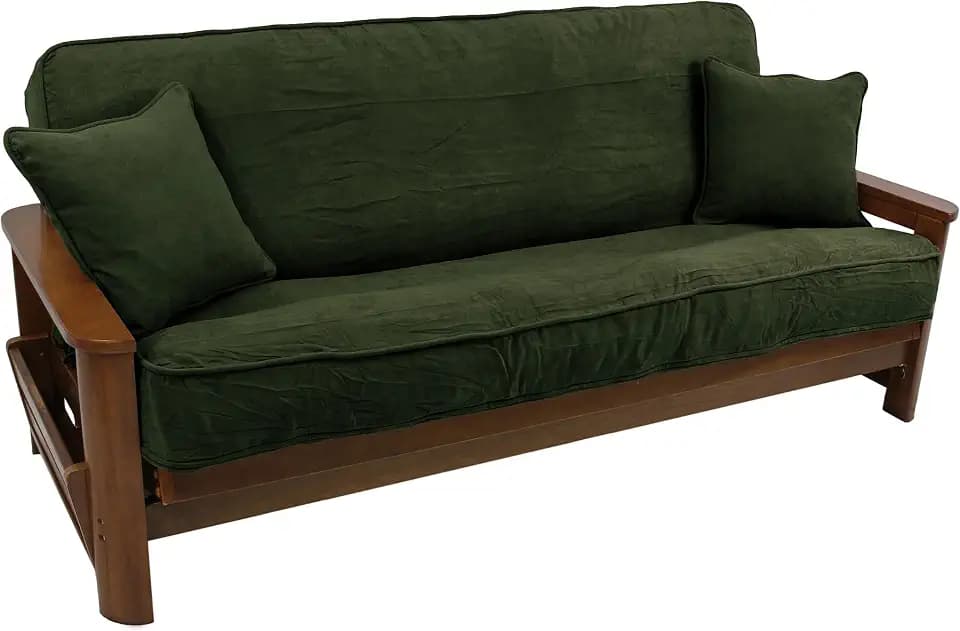 Blazing Needles Solid Microsuede Double Corded 8" to 9" Futon Cover Set with 2 Throw Pillows (Set of 3), Full, Hunter Green