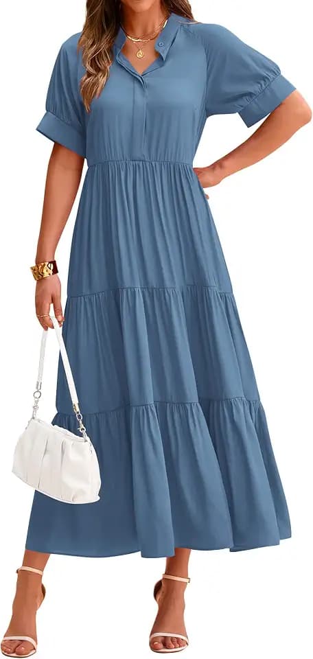 dowerme Women's Summer Dresses 2026 Casual Short Sleeve Button Loose Fit Pleated Boho Flowy Swing Long Beach Sun Dress