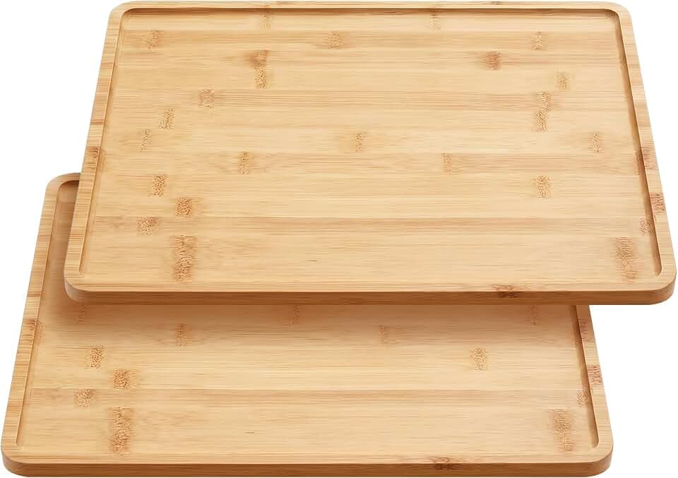 Bamboo Serving Tray, 15.6 x 11.8 x 0.4 Inch, Rectangular Wooden Platter for Coffee and Cheese, 2 Pack
