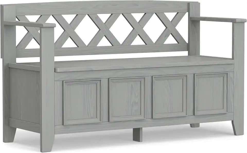 SIMPLIHOME Amherst 48" Wide Solid Wood Storage Bench in Fog Grey