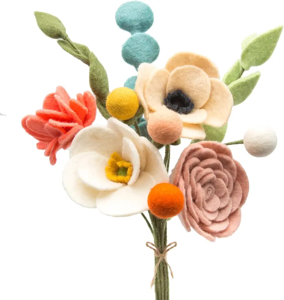 Glaciart One Wool Felt Flowers Set – Handcrafted Artificial Arrangement with Colorful Stems, Eco-Friendly Material, Essential Oil Ready, Reusable Decor, Washable Gift for Events or Home