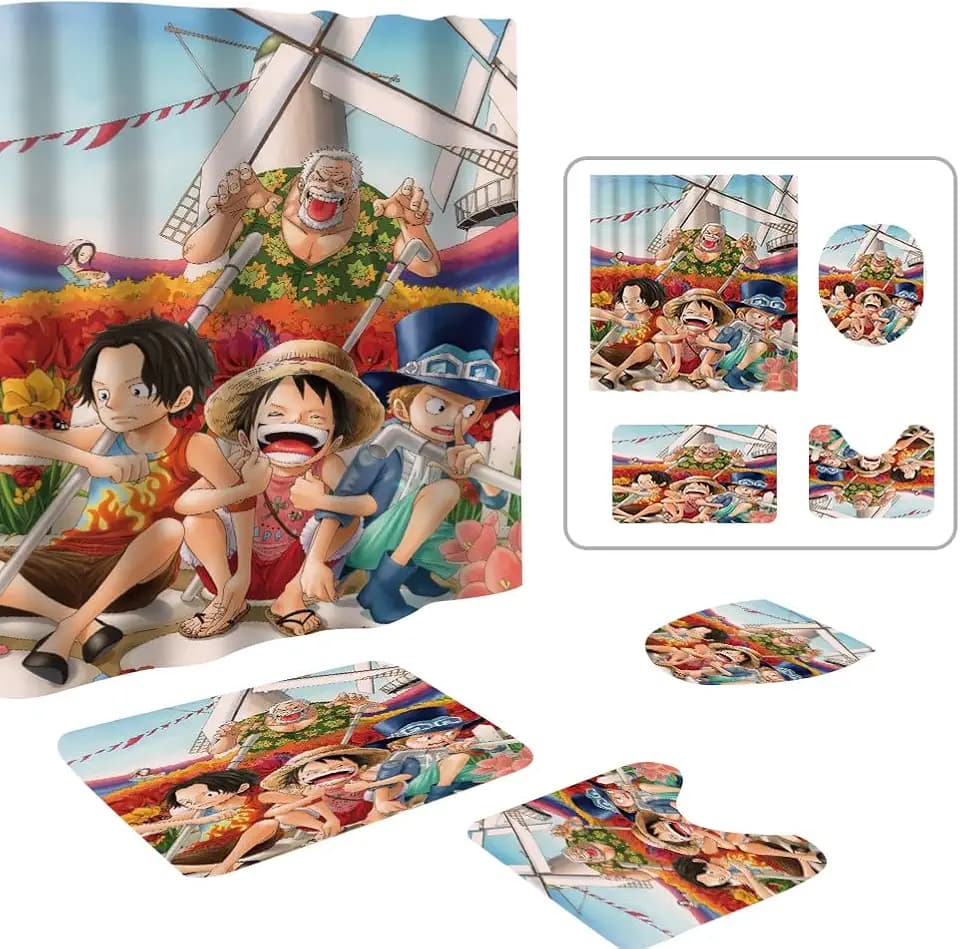 Cute One Piece Shower Curtain Set 4 Piece with Non-Slip Rugs, Toilet Lid Cover and Bath Mat Cartoon Bathroom Decor 72 x 72inch (One Piece)