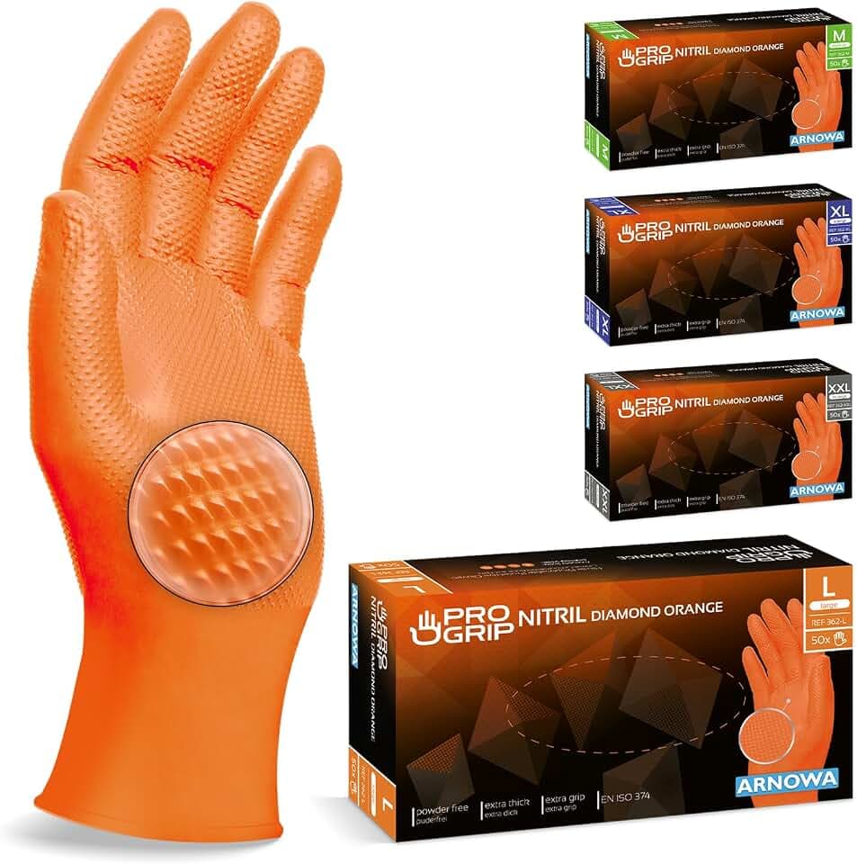 50x PROGRIP Einweghandschuhe Diamant Grip Orange, Nitrilhandschuhe L