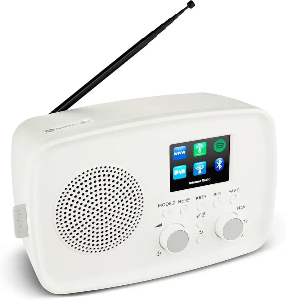 MEDION Internetradio mit DAB+ Life IRE-1 (WLAN, DAB Plus UKW Radio, Bluetooth, EQ, Tropfwasserschutz, Teleskopantenne, Spotify Connect, Wecker, Schlummerfunktion, Einstellbarer Display-Dimmer) weiß