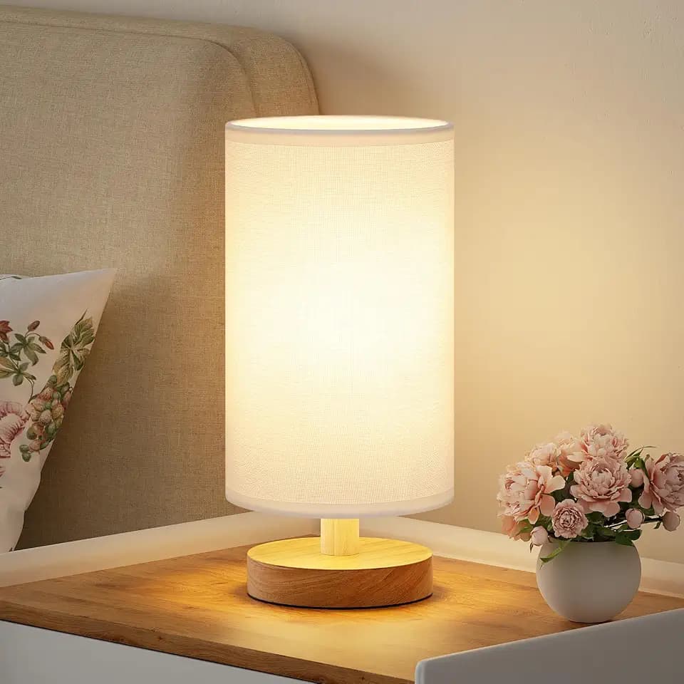 Fenmzee Small Table Lamps (White Shade - Wood Base, 9" Inline Control)