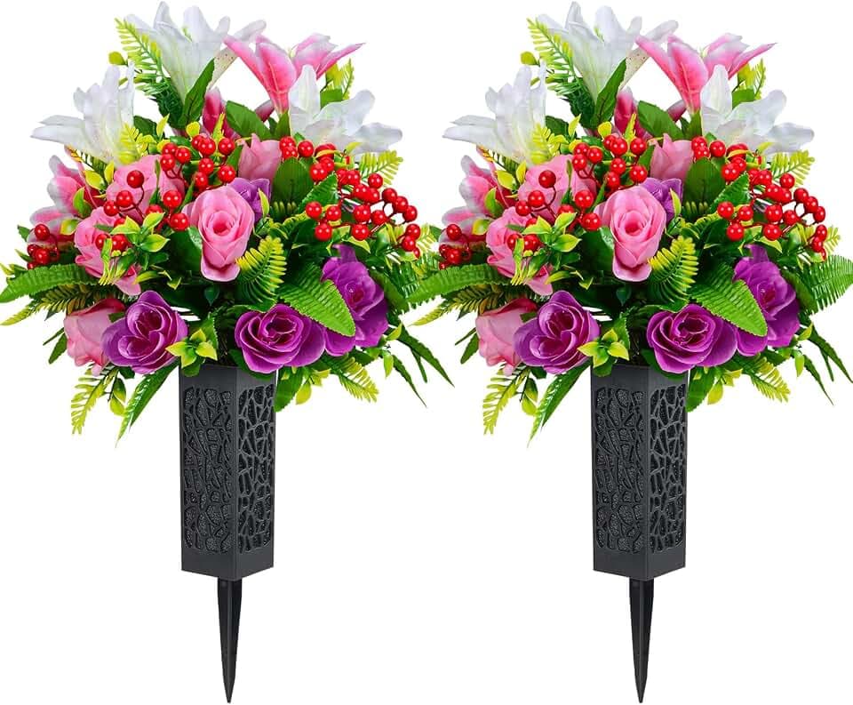 Set of 2 Artificial Cemetery Flowers, Artificial Rose Lily Grave Memorial Flowers with Black Plastic Vase for Cemetery Headstones Gravesite Decoration