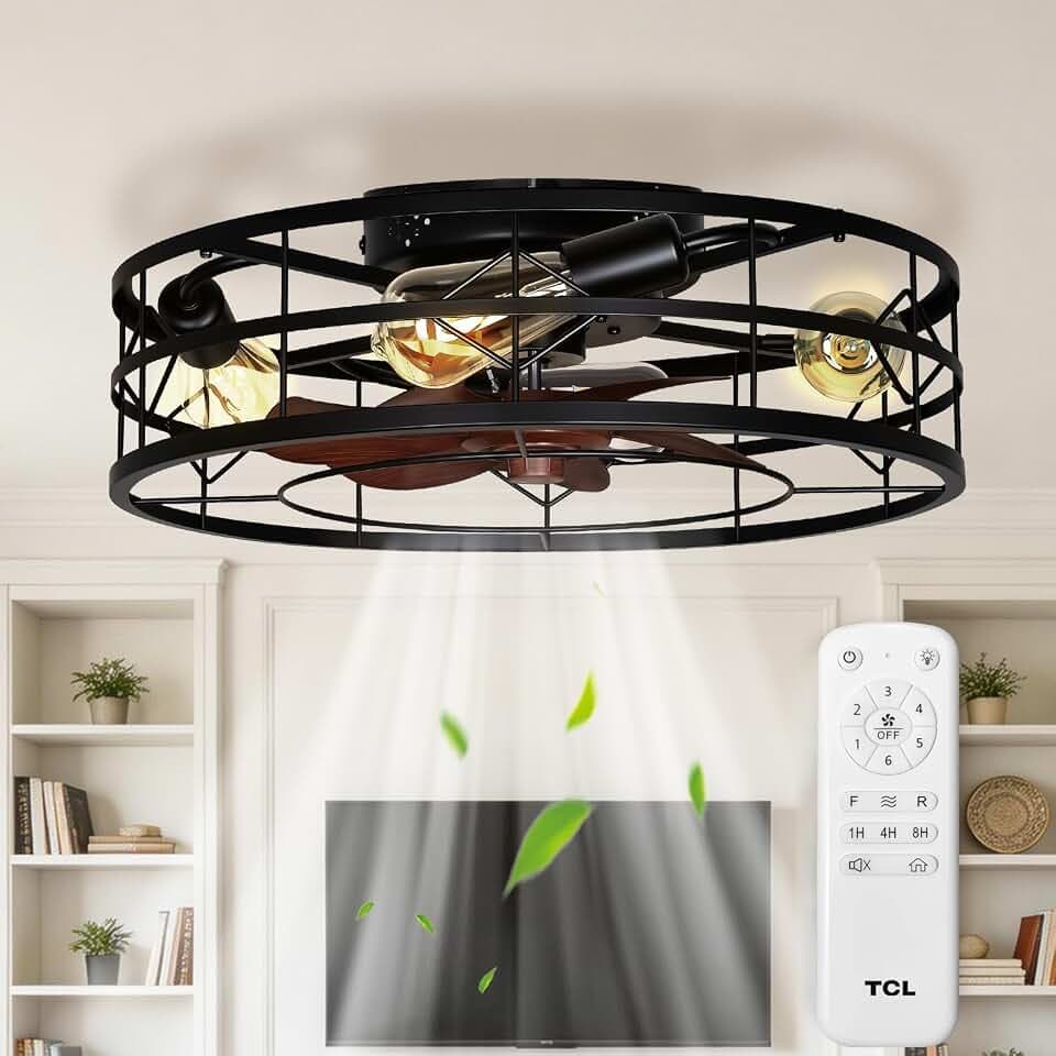 TCL 24" Black Caged Low Profile Ceiling Fans with Lights & Remote