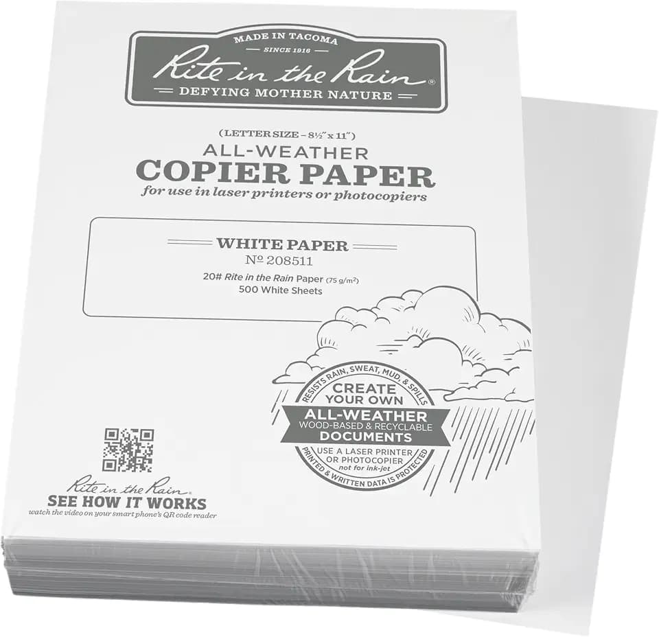 Rite in the Rain Weatherproof Bulk Copier Paper, 8.5" x 11", 20# White, 500 Sheet Pack (No. 208511X)