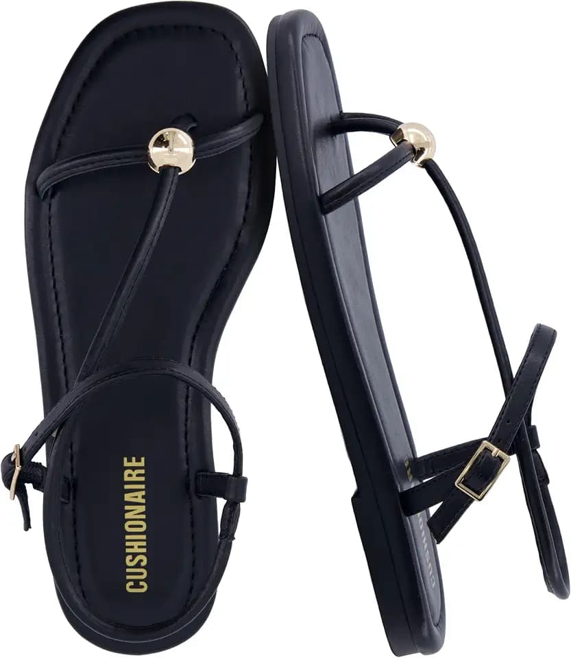 CUSHIONAIRE Alias Squared Toe Womens Sandals, T-Strap Flat Sandal with Cushioned Footbed and Adjustable Ankle Strap