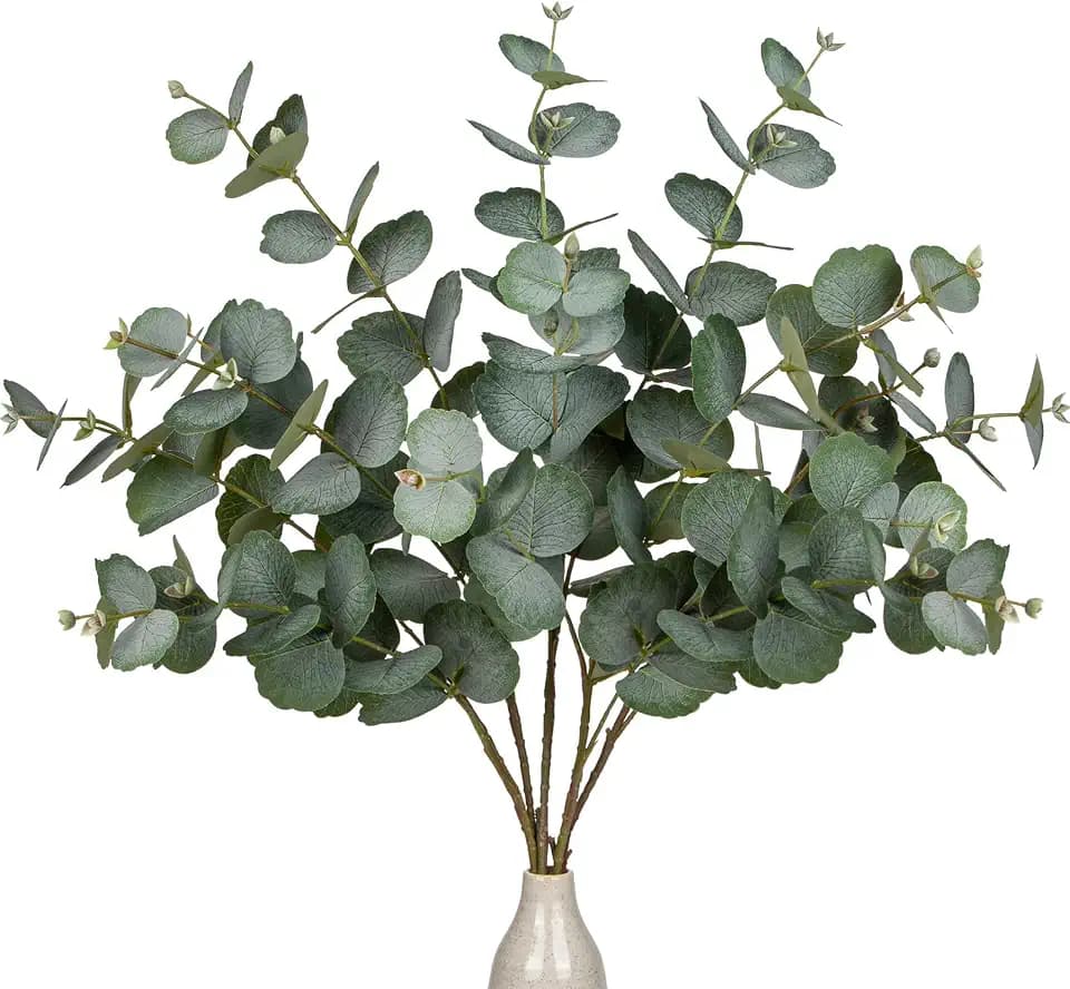 GnFlus 30" Artificial Eucalyptus Stems 5 Pcs Fake Tall Eucalyptus Leaves Branches Faux Silk Greenery Leaves with White Frosted for Vase Home Tabletop Wedding Centerpieces Shelf Kitchen Decor Green