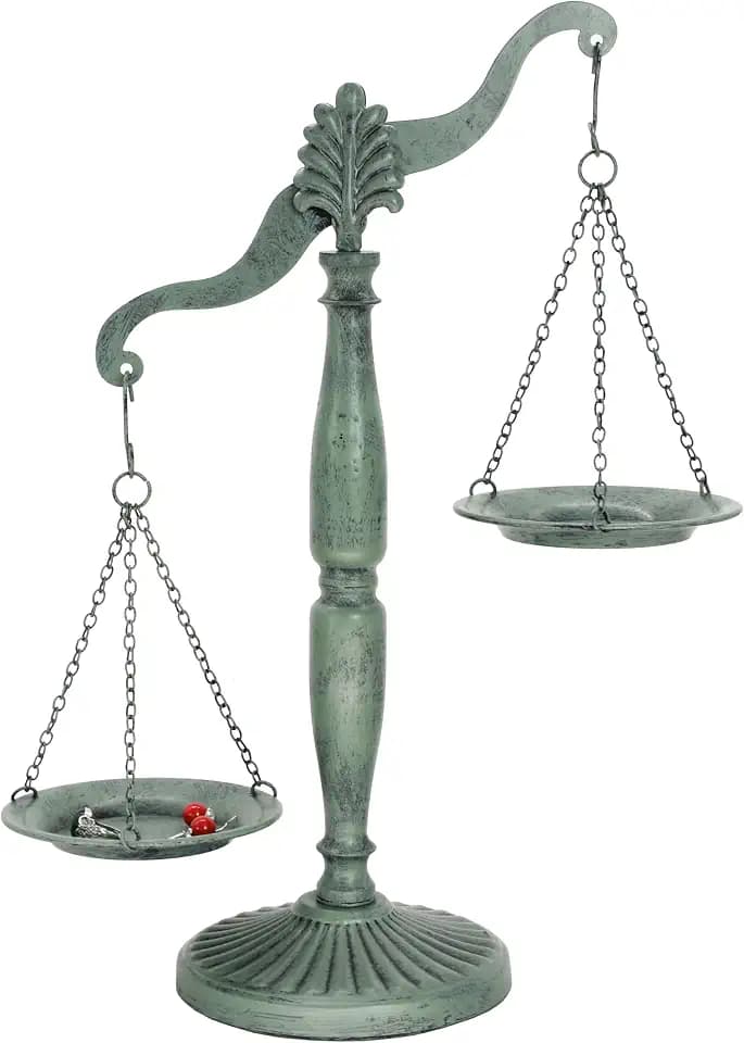 Vintage Style Metal Libra Jewelry Towers, Lawyer Scale of Justice, Farmhouse Candleholder, Home Decor Antique Weight Balancing Scale - Rustic Green, 11.1" W x 16.5" H