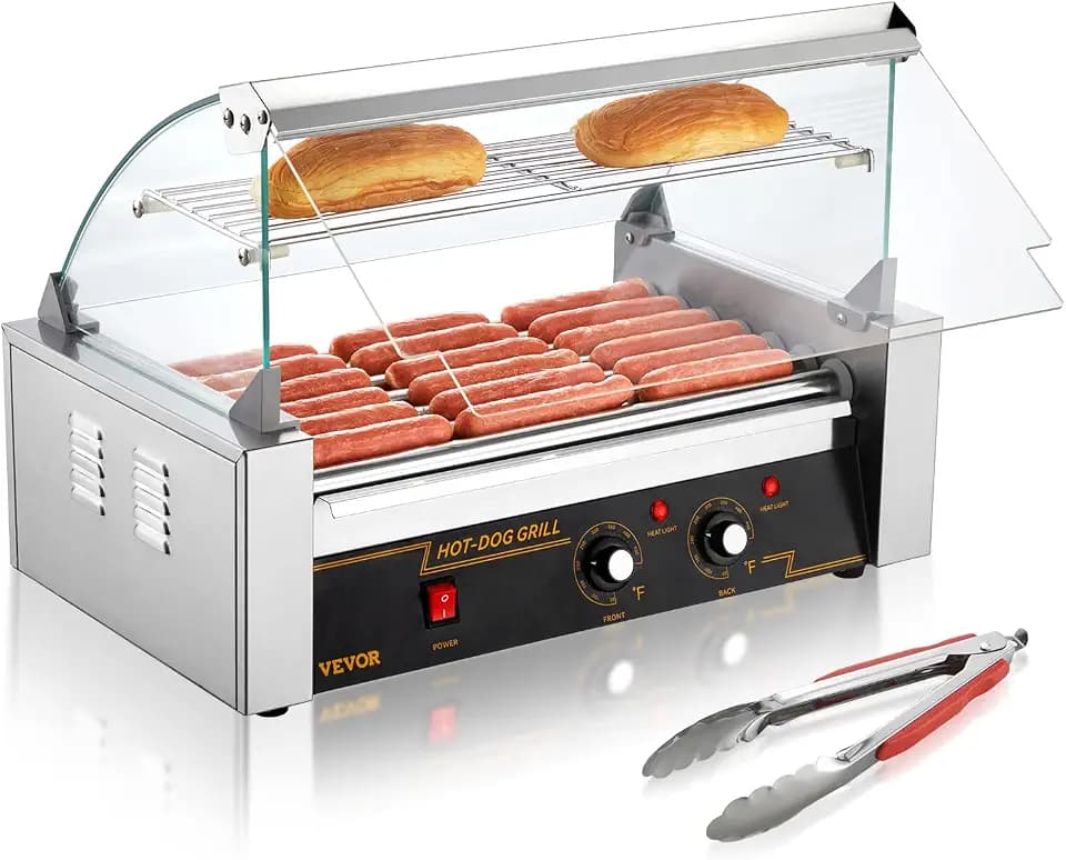 VEVOR Hot Dog Roller 7 Rollers 18 Hot Dogs Capacity 1050W Stainless Sausage Grill Cooker Machine with Dual Temp Control Glass Hood Acrylic Cover Bun Warmer Shelf Removable Oil Drip Tray, ETL Certified