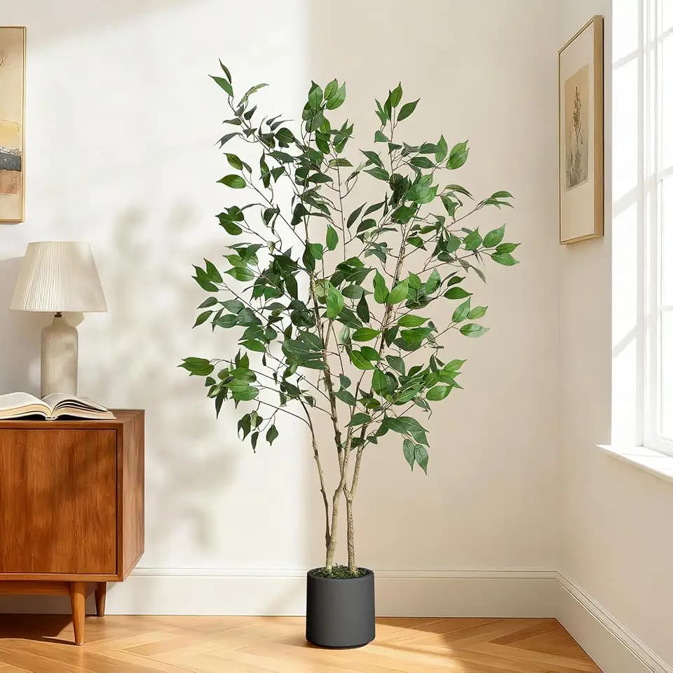 Garvee Ficus Trees Artificial Indoor, 5FT Tall Faux Ficus Tree with Black Planter & Green Fake Moss, Artificial Plants with Natural Wood Trunk & Lifelike Fruits for Home Office Decor