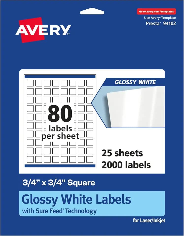 Avery® Glossy White Square Labels, Sure Feed® Technology, 3/4" x 3/4", 2,000 Glossy White Labels, Print-to-The-Edge, Permanent Adhesive, Laser/Inkjet Printable