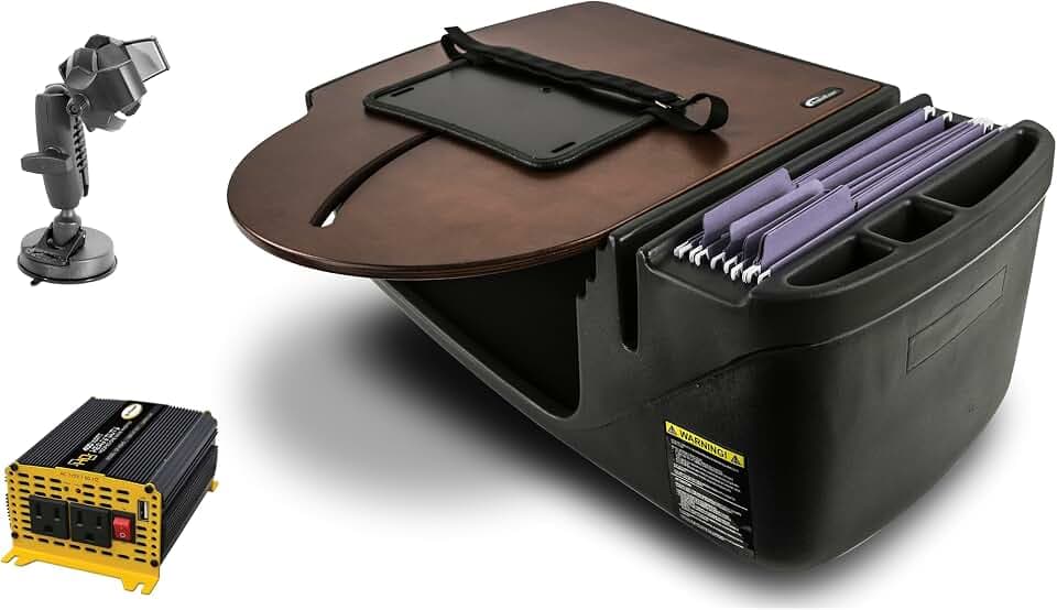 AutoExec Roadmaster Car Desk for Your Vehicle Workstation and Mobile Office, Mahogany, with 400 watt Power Inverter, Suction Phone Mount