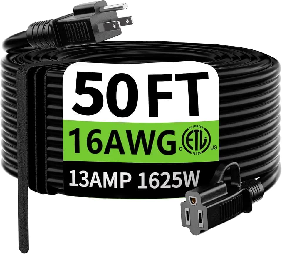 HUANCHAIN Indoor Outdoor Black Extension Cord 50 FT Waterproof 16/3 Gauge