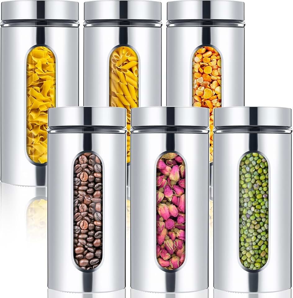 Mimorou 6 Pack 44 oz Airtight Stainless Steel Kitchen Canisters, Silver