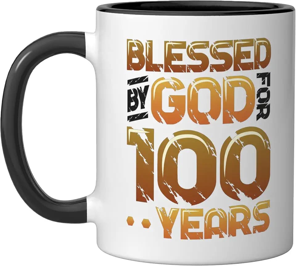 Blessed By God For 100 Years Religious Themed 100th Birthday Ceramic Mug, Black/White, 11oz