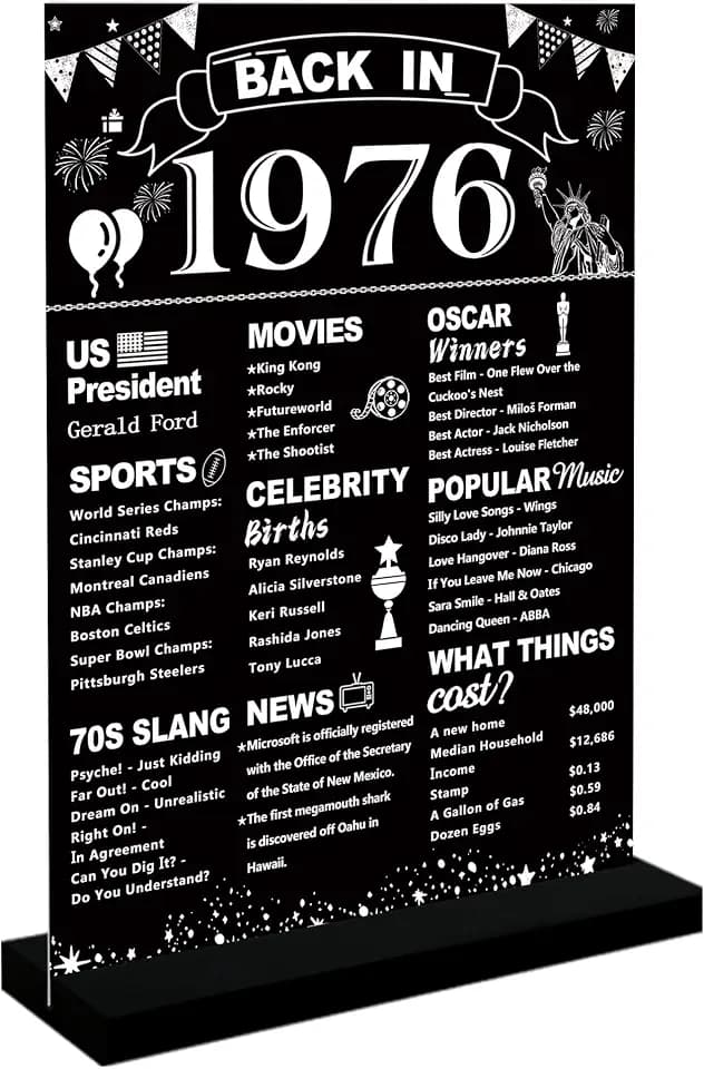 DARUNAXY Black & White Back in 1976 Acrylic Sign with Stand for Men Women