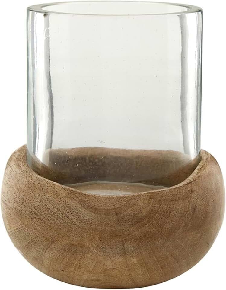 47th & Main Mango Wood and Glass Hurricane Candleholder, Small 4" Tall x 3.5" Diameter