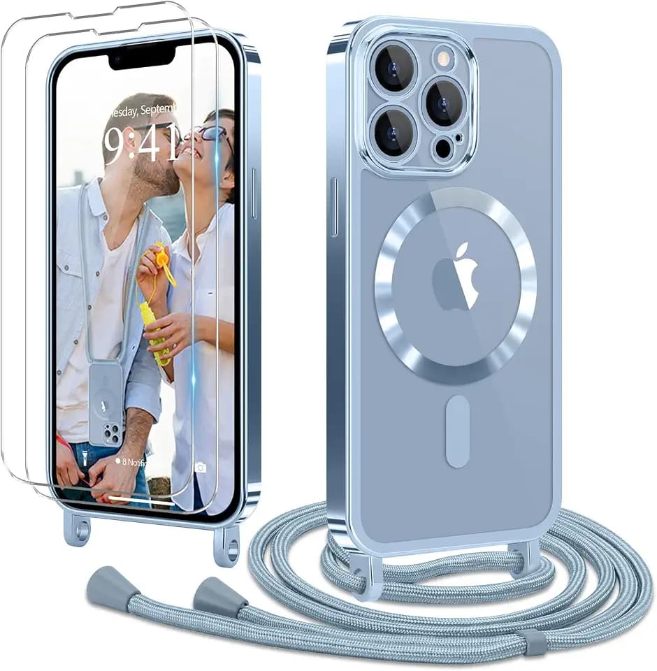 für iPhone 13 Pro Max Hülle mit Band + 2 Schutzfolie, Blau