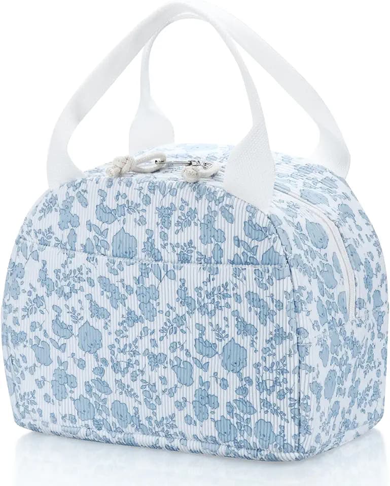 BuyCard Insulated Lunch Bag Women, Reusable Corduroy Cute Lunch Box, Leakproof Floral Lunch Tote Bag with Large Capacity, Small Cooler Lunch Container for Work Office Travel Picnic (Blue Flower)