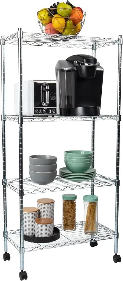 Mind Reader Storage Shelves, Garage Shelving, Storage, Pantry Organization, Wheels, Metal, 23.25" L x 13.5" W x 49.5" H, Silver