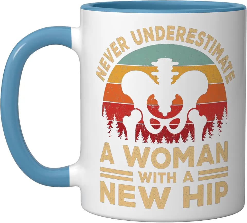 Never Underestimate Woman With A New Hip Replacement Surgery Ceramic Mug, Blue/White
