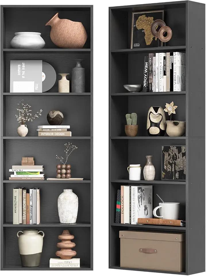 71.5" Tall Bookshelves and Bookcases Set of 2, 6 Tier Display Storage Shelves Home Decor Furniture for Home Office, Living Room, Bed Room (Black, 21.9" Wide)