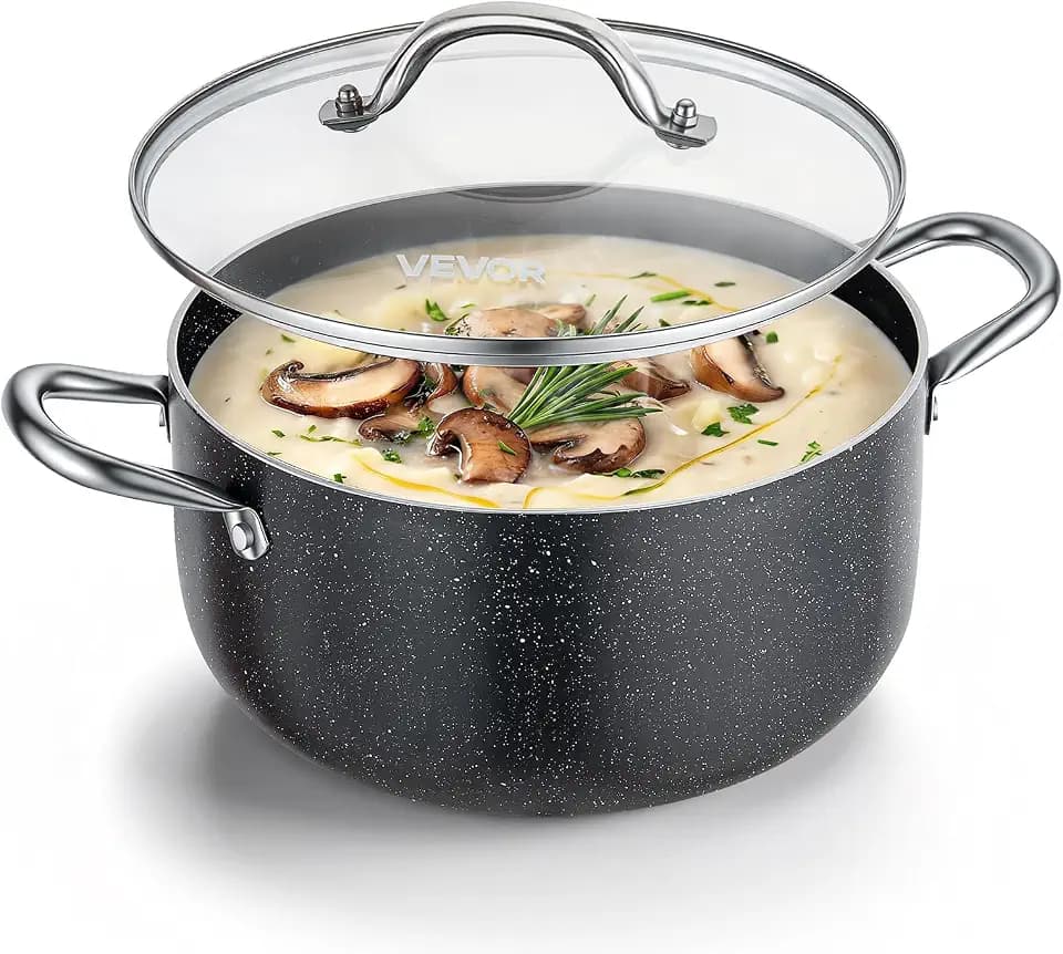 VEVOR Aluminum Stock Pot, 6-Quart Nonstick Ceramic Coated Pot with Glass Lid, PFOA-Free, PFAS-Free, Compatible with Gas Stoves, Induction Cooktops, Electric Stoves, for Soups, Stews, and Pasta