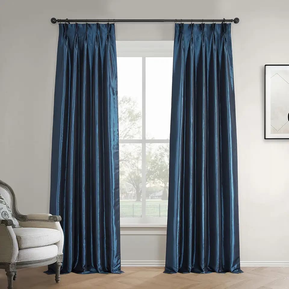 HPD Half Price Drapes Faux Silk Taffeta Blackout Curtains for Bedroom 84 Inches Long (1 Panel), 25W x 84L Pleated Curtains for Living Room Home Decor, Navy Blue