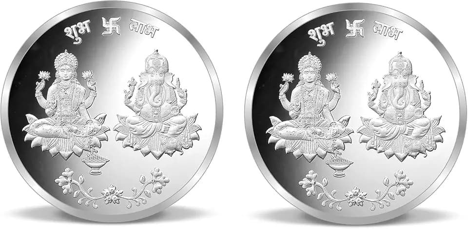 Generic Diwali Deepawali Pooja Laxmi Ganesh Coin Silver for Diwali Dhanteras Lakshmi Ganesh Coin Gift Pack of 2, Medium, MBISC10072024004