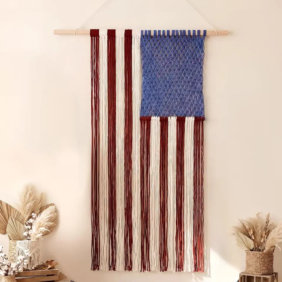Moukeren Veterans Day Macrame American Flag, Hanging Patriotic Tapestry
