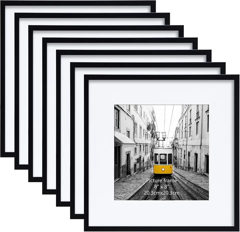 Giftgarden Black 12x12 Picture Frame Set of 7, Matted to 8x8 Photo with Mat, Multi Square Gallery Wall Frames for Hanging or Tabletop Display