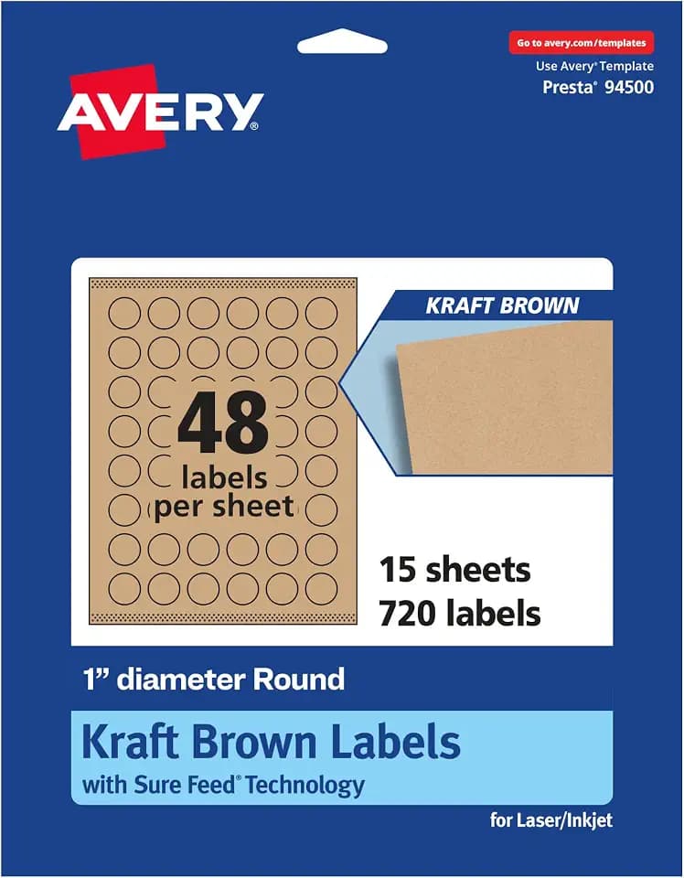 Avery® Kraft Brown Round Labels, Sure Feed® Technology, 1" Diameter, 720 Kraft Brown Labels, Print-to-The-Edge, Laser/Inkjet Printable