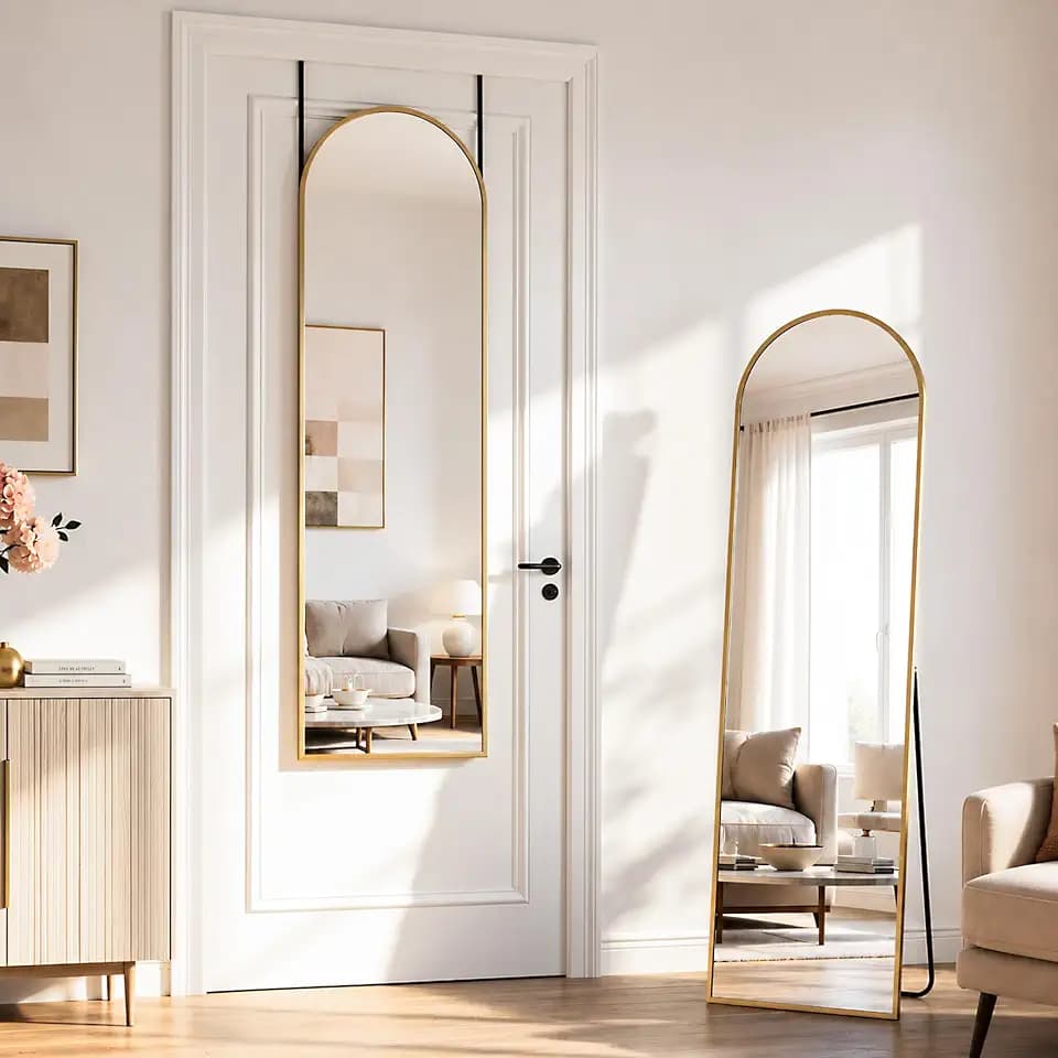 Suidia 56"x14" Arched Full Length Mirror with Stand, Gold Floor Mirror