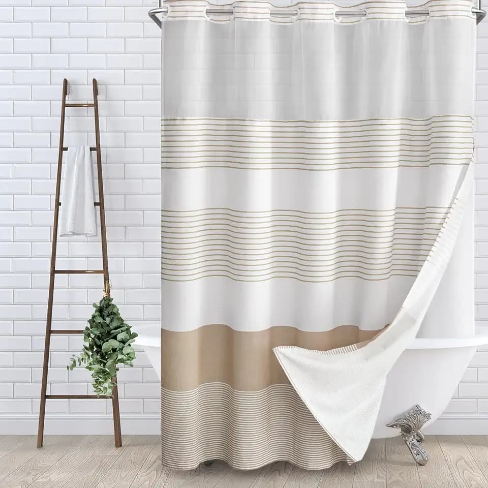 No Hook Shower Curtain with Snap in Liner Beige Cotton 75" L x 72" W