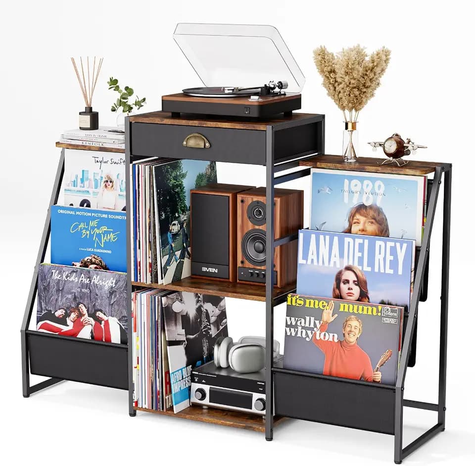 JunVpic Record Player Stand with Vinyl Storage – Record Table with Holder,6-Bin Vinyl Storage Rack & Drawer, Dual Side Display Shelves,Holds 200+ Albums,Turntable Stand for Living Room,Bedroom (Brown)