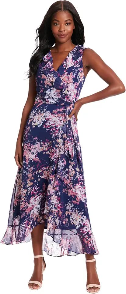 London Times Women's Dresses Ruffle V-Neck and Faux Wrap Maxi Dress