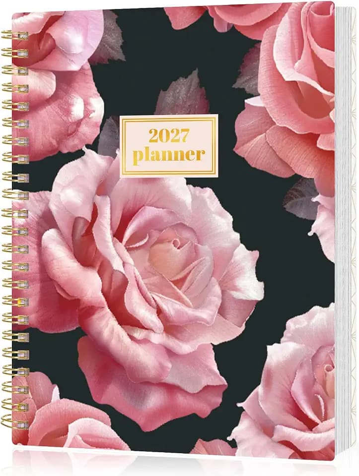 SUNEE 2027 Planner, Weekly and Monthly Calendar Planner, January 2027-December 2027, Daily Agenda with Tabs, Note Pages, Spiral Binding, 6"x8.3", Black Pink Flower