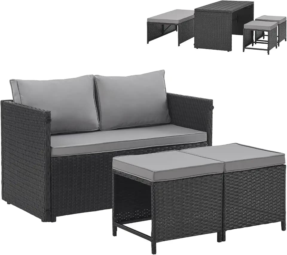 SVITA ATHINA 2in1 Sitzgruppe Outdoor Rattanlounge Balkon Essgruppe Gartenmöbel Set Gartenlounge klein Balkonmöbel Polyrattan Schwarz