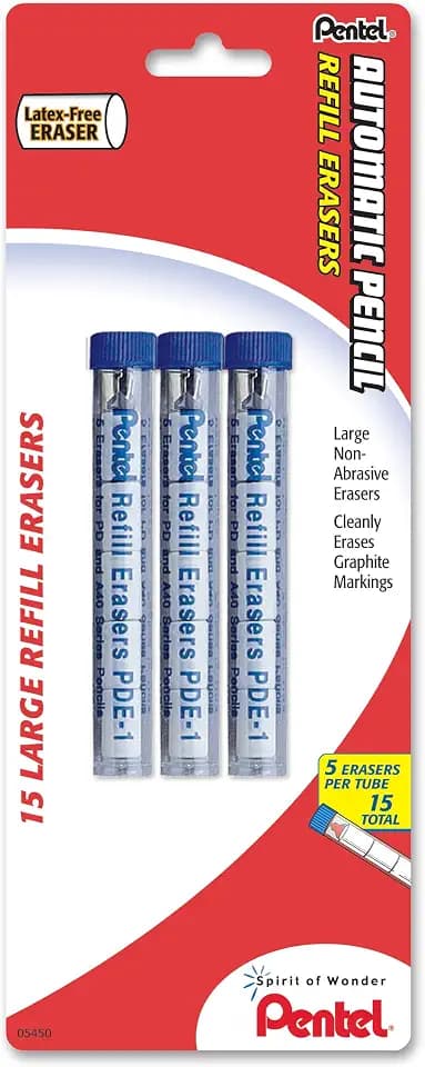 Pentel Refill Eraser for AL, Ax and PD Series Pencils 5 Pcs/Tube,Thermoplastic Elastomer, 3-PK