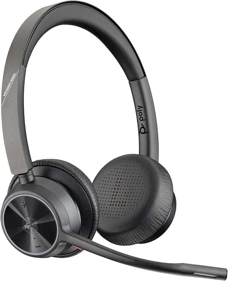 Poly Voyager 4320 UC schnurloses Headset, Stereo-Kopfhörer mit Noise Cancelling-Mikrofonarm, Verbindung mit PC/Mac/Mobiltelefon über Bluetooth, Kompatibel mit Teams (zertifiziert), Zoom und andere