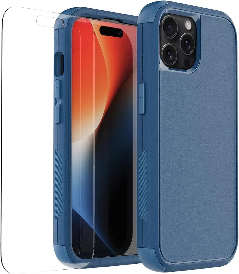 droperprote for iPhone 15 Pro Case with Tempered Glass Screen Protector 3 in 1 Heavy Duty Rugged Shockproof Protective Phone Case for iPhone 15 Pro 6.1" (Seablue)
