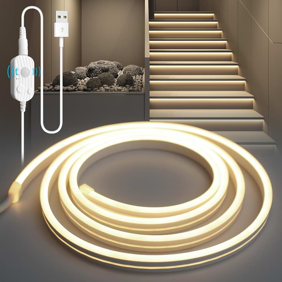 YOODI LED Band mit Bewegungsmelder, 5M Neutrales Licht LED Strip Flexible PVC Schneidbare, Treppenstufenbeleuchtung mit 3 Modi, Sensor Streifen mit Timing-Funktion für Küche Schlafzimmer Schrank