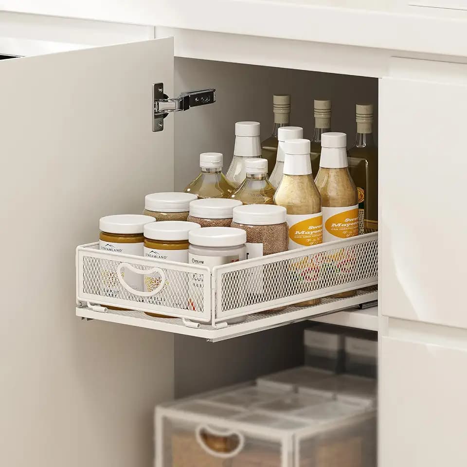Pull Out Cabinet Organizer, No Drill Adhesive Sliding Drawers for Kitchen, Metal Mesh Wire Storage Shelf for Pantry & Under Sink, White (9.6" W x 15.7" D x 3.9" H)
